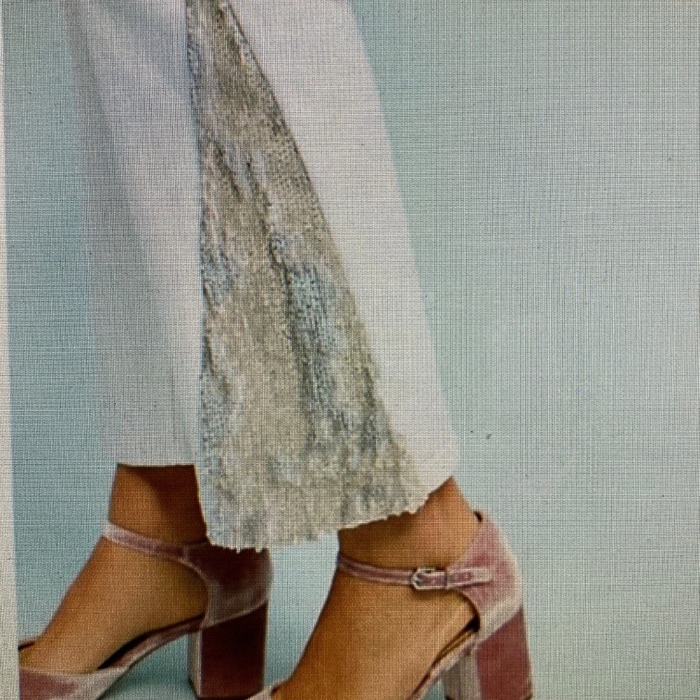 Anthro Ankle Crop White Denim Silver Sequin Flare